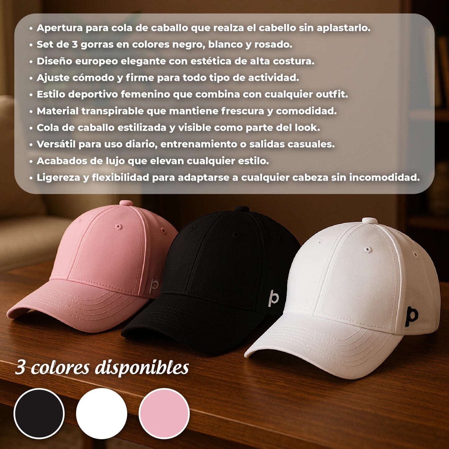 3 gorras europeas para cola de caballo