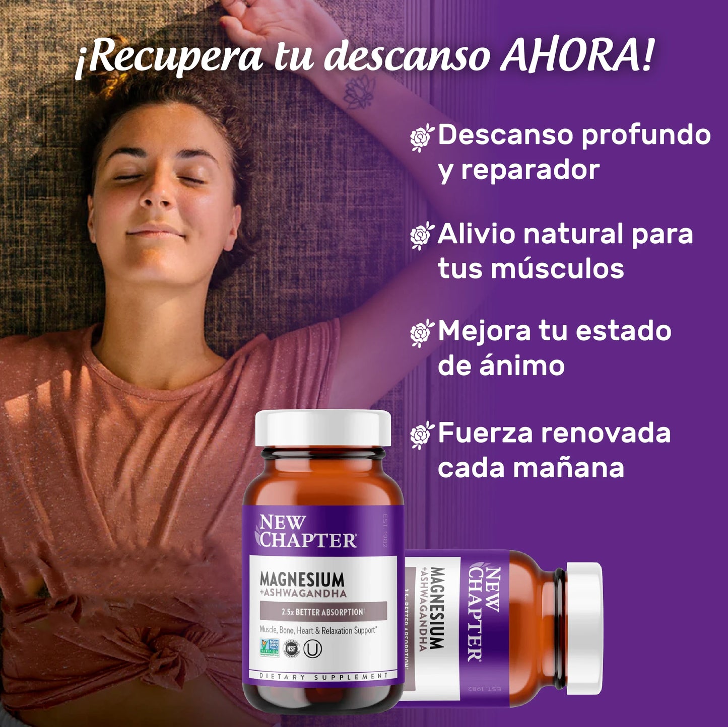 Suplemento de magnesio y Ashwagandha | Recuperación muscular, salud cardíaca y relajación
