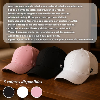 3 gorras europeas para cola de caballo
