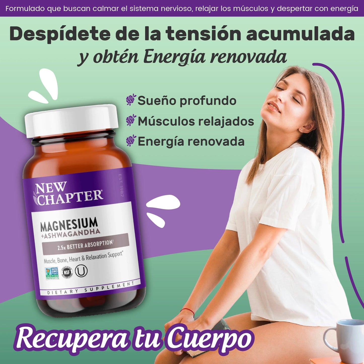 Suplemento de magnesio y Ashwagandha | Recuperación muscular, salud cardíaca y relajación