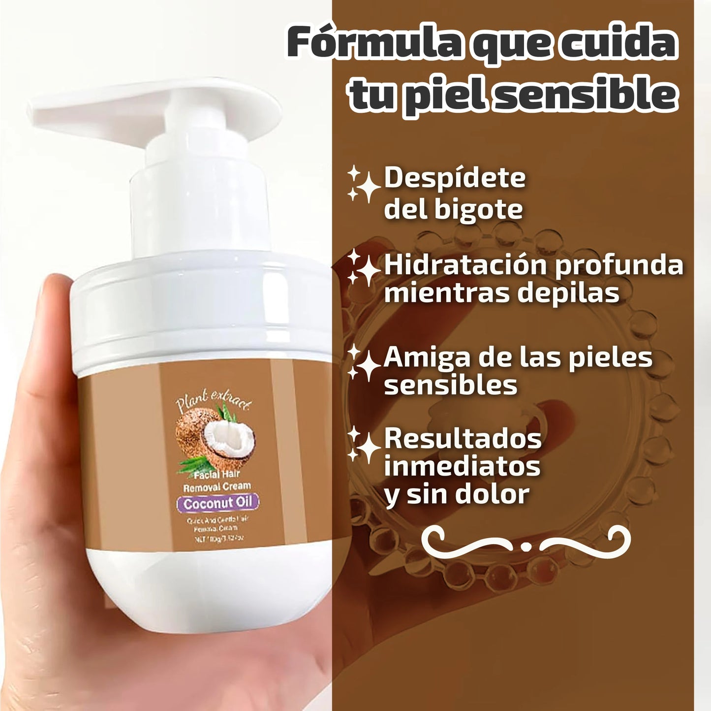 Crema depilatoria facial con aceite de coco | Suavidad instantánea sin irritación