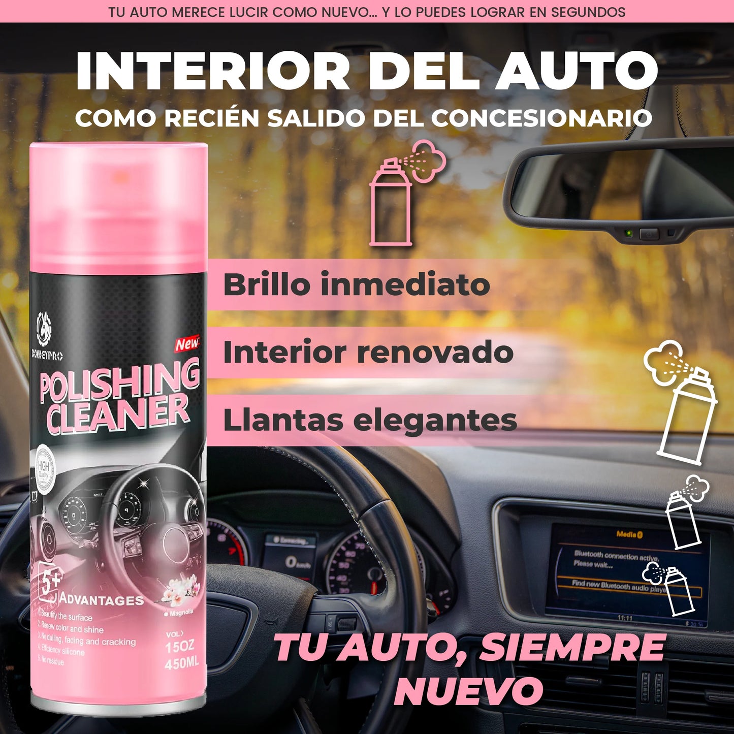 Spray Restaurador y Abrillantador para interiores y neumáticos
