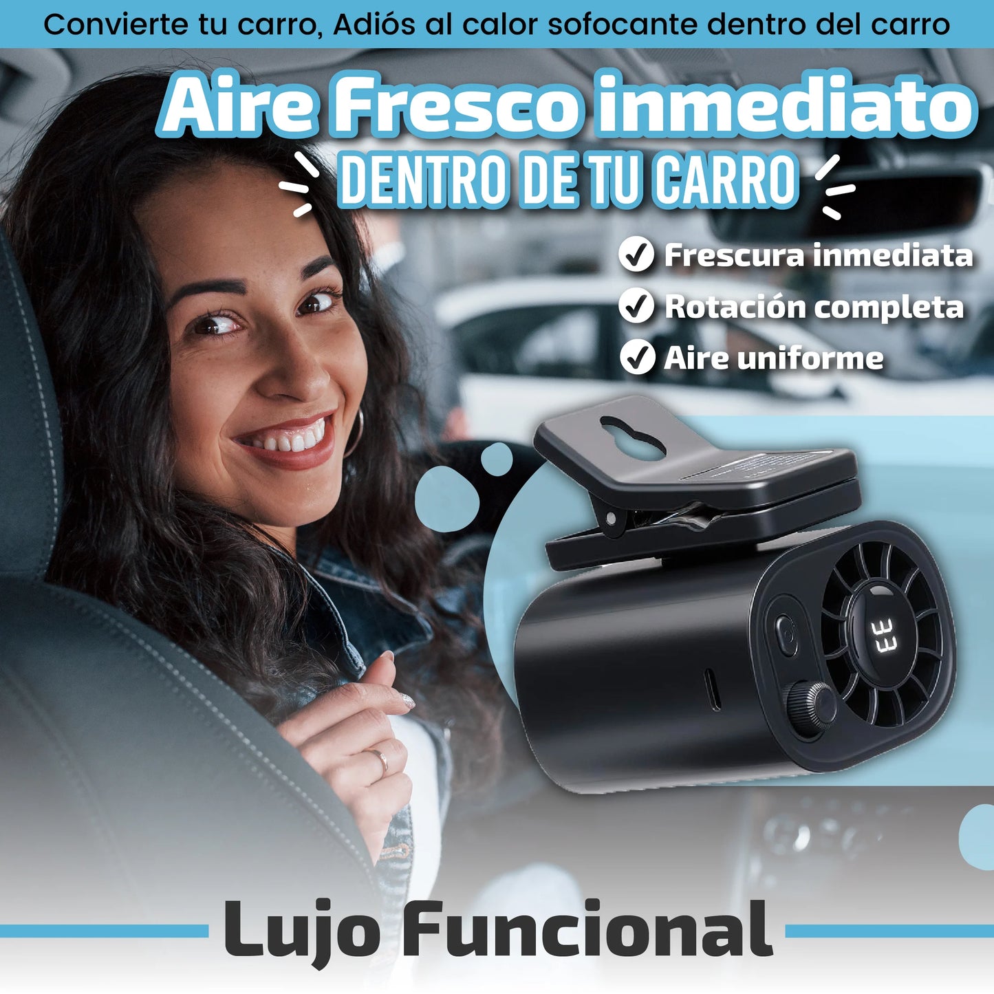 Ventilador recargable para carro con pantalla digital