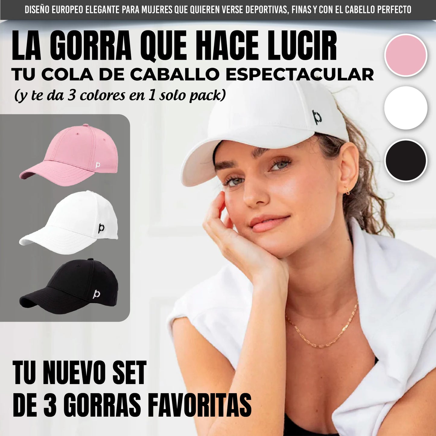 3 gorras europeas para cola de caballo