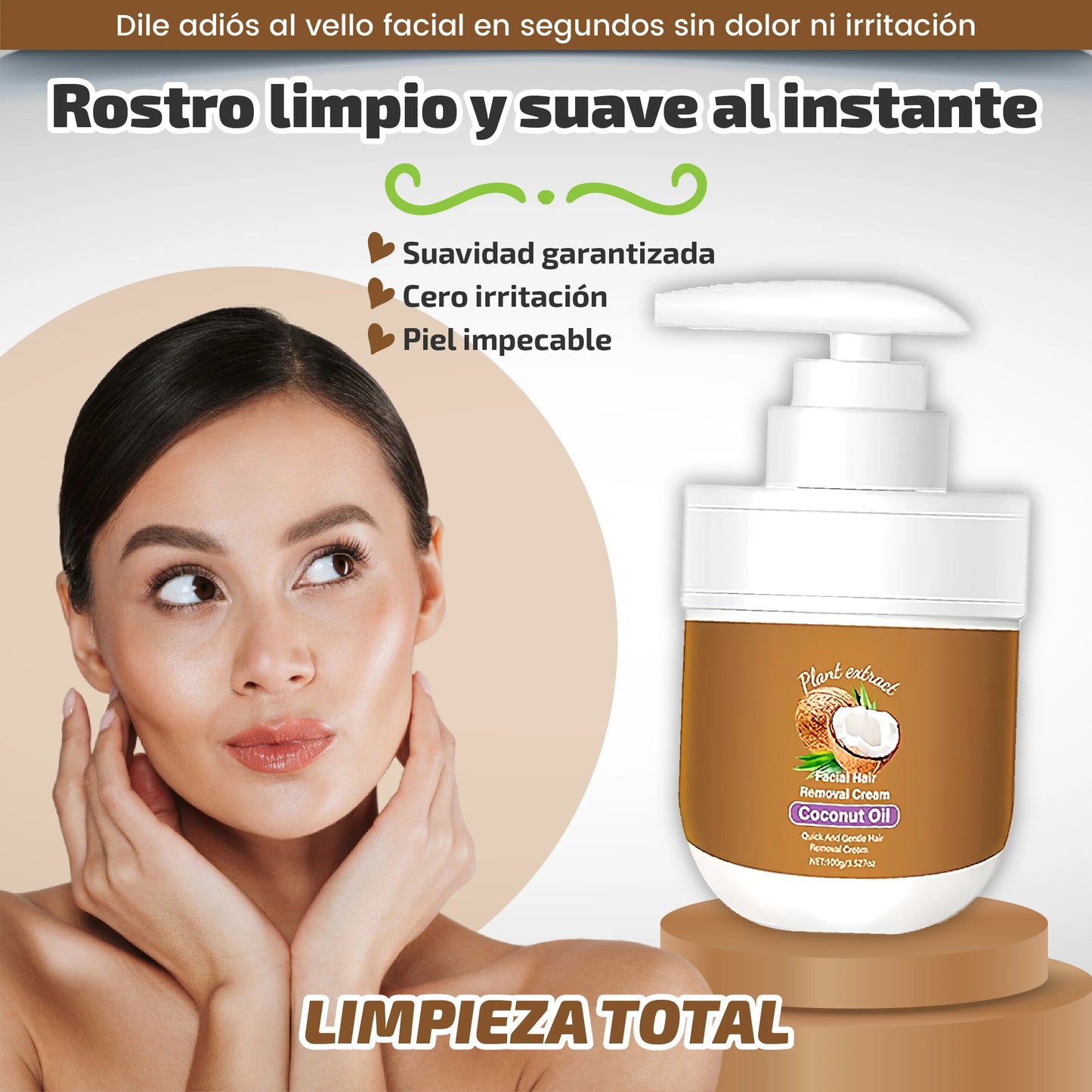 Crema depilatoria facial con aceite de coco | Suavidad instantánea sin irritación
