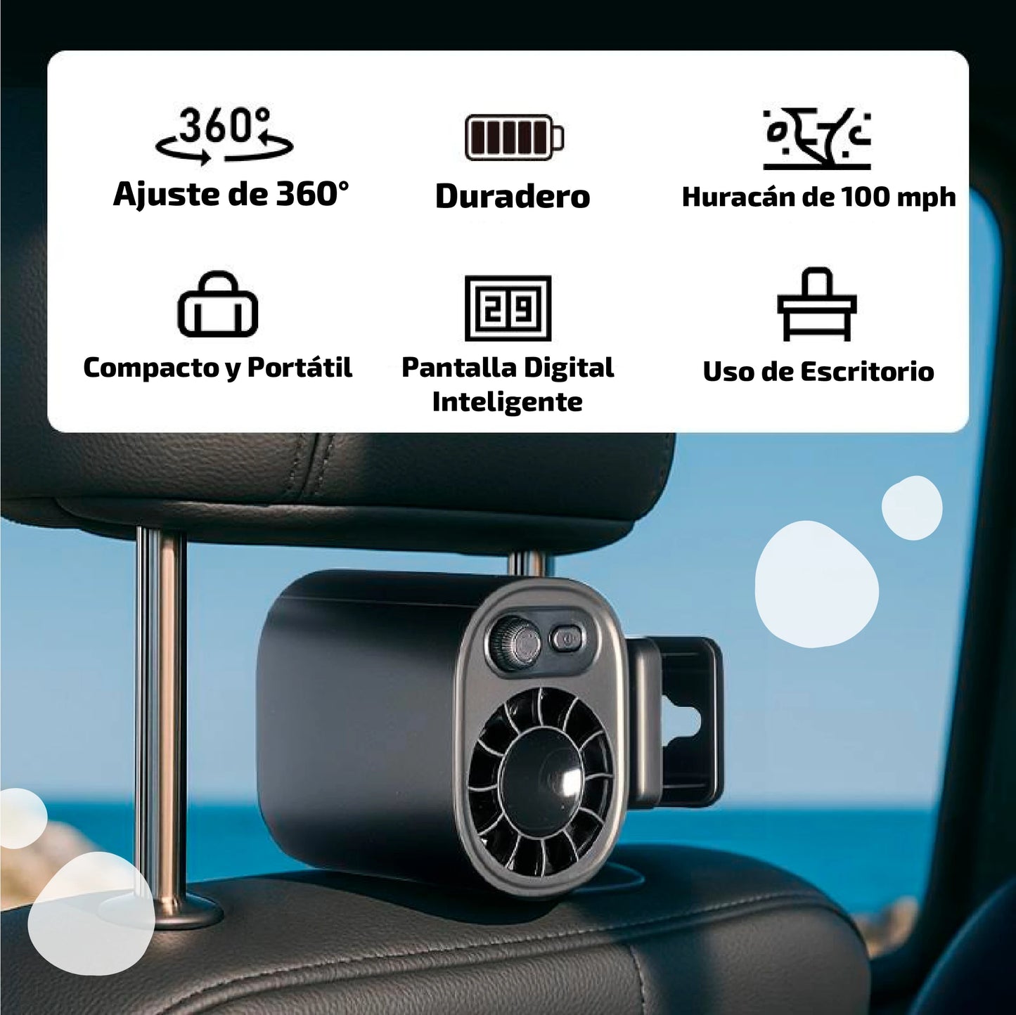 Ventilador recargable para carro con pantalla digital